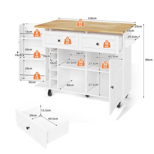 Îlot Central Cuisine Avec Plan De Travail Rabattable-un Casier à Vin-avec Roulettes Pivotantes-blanc