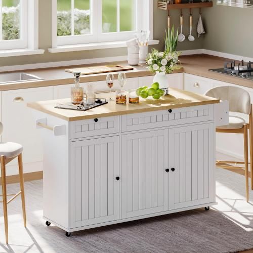 Îlot Central Cuisine Avec Plan De Travail Rabattable-sur 6 Roulettes Verrouillables-blanc