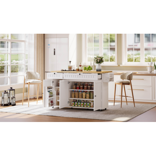 Îlot Central Cuisine Avec Plan De Travail Rabattable-sur 6 Roulettes Verrouillables-blanc