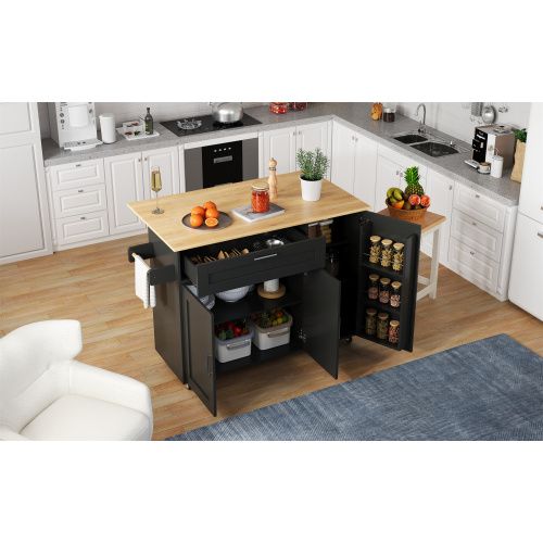 Îlot Central Cuisine Avec Plan De Travail Rabattable-table De Cuisine Mobile-5 Roulettes-noir