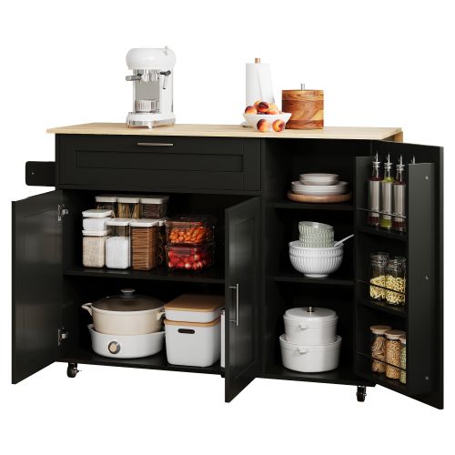 Îlot Central Cuisine Avec Plan De Travail Rabattable-table De Cuisine Mobile-5 Roulettes-noir