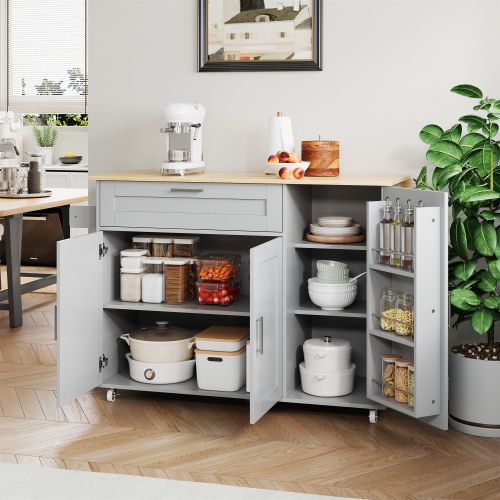 Îlot Central Cuisine Avec Plan De Travail Rabattable-table De Cuisine Mobile-5 Roulettes-gris