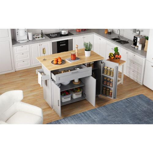 Îlot Central Cuisine Avec Plan De Travail Rabattable-table De Cuisine Mobile-5 Roulettes-gris
