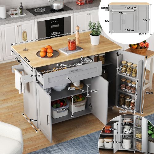 Îlot Central Cuisine Avec Plan De Travail Rabattable-table De Cuisine Mobile-5 Roulettes-gris