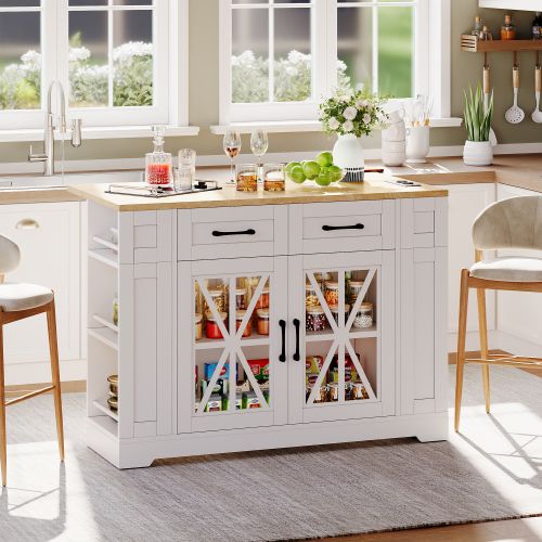 Îlot Central Cuisine Portable-rangement Ouvert-port USB-stratifié Réglable-roulettes-blanc