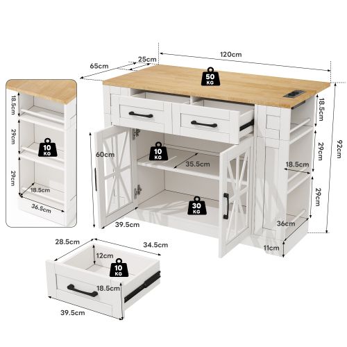 Îlot Central Cuisine Portable-rangement Ouvert-port USB-stratifié Réglable-roulettes-blanc