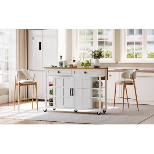 Îlot Central Cuisine Avec Plan De Travail Rabattable-desserte Avec 2 Tiroirs-sur Roulettes-blanc
