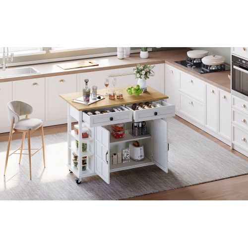 Îlot Central Cuisine Avec Plan De Travail Rabattable-desserte Avec 2 Tiroirs-sur Roulettes-blanc