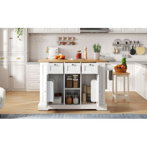 Îlot Central Cuisine Mobile-plan De Travail Rabattable-5 Roulettes-prise Intégrée-blanc