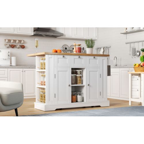 Îlot Central Cuisine Mobile-plan De Travail Rabattable-5 Roulettes-prise Intégrée-blanc