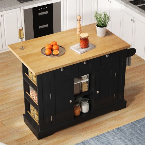 Îlot Central Cuisine Mobile-plan De Travail Rabattable-5 Roulettes-prise Intégrée-noir