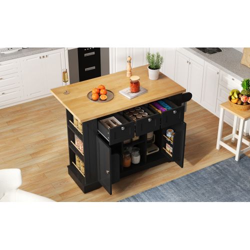 Îlot Central Cuisine Mobile-plan De Travail Rabattable-5 Roulettes-prise Intégrée-noir