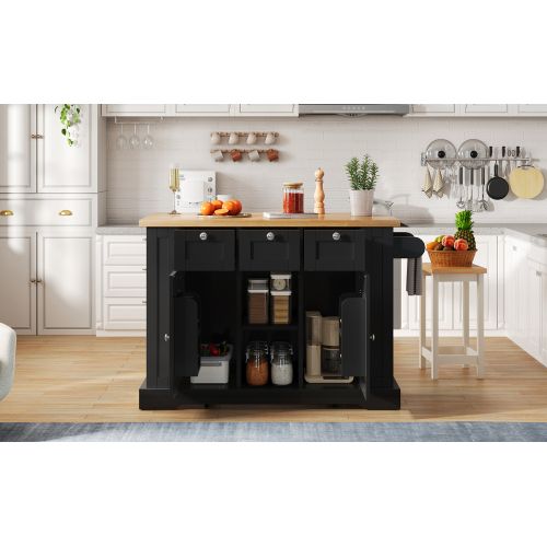 Îlot Central Cuisine Mobile-plan De Travail Rabattable-5 Roulettes-prise Intégrée-noir