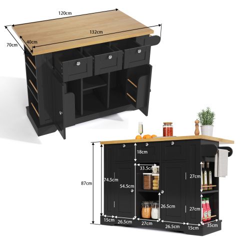 Îlot Central Cuisine Mobile-plan De Travail Rabattable-5 Roulettes-prise Intégrée-noir