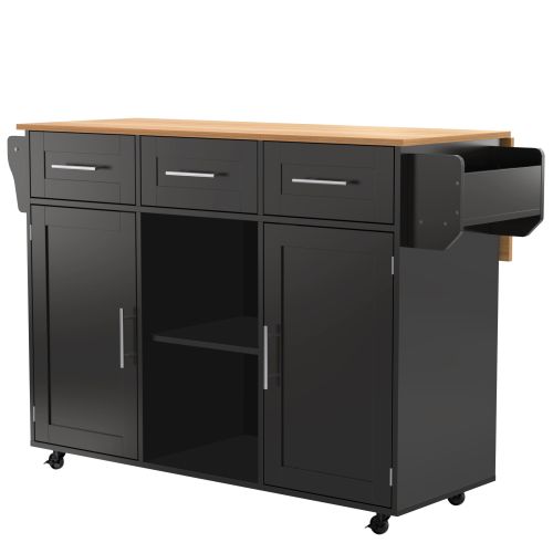 Îlot Central Cuisine Mobile-desserte Avec Plateau Rabattable-avec Roulettes-en Bois Massif-noir