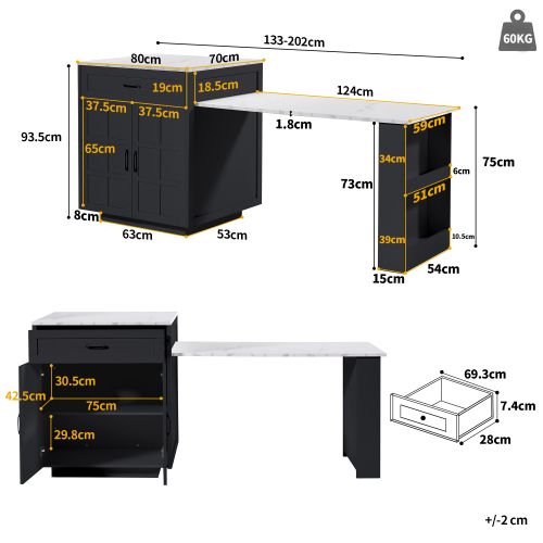 Îlot Central Cuisine-table Extensible Avec Rangement-pour 2 à 6 Personnes-desserte-noir
