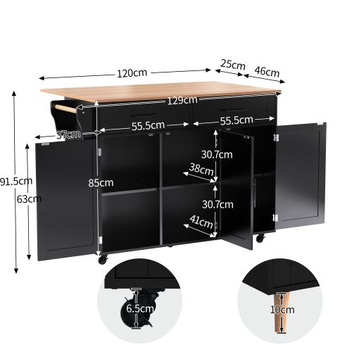 Desserte Avec Rangements-avec Plateau Rabattable-îlot Central Sur 5 Roulettes-noir