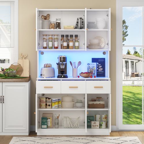 Buffet De Cuisine 182 Cm-avec Éclairage LED-avec Portes En Tissu-en Bois Massif-blanc