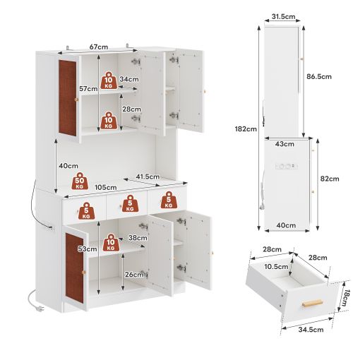 Buffet De Cuisine 182 Cm-avec Éclairage LED-avec Portes En Tissu-en Bois Massif-blanc