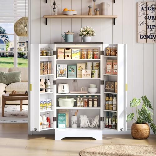 Buffet De Cuisine Avec Éclairage LED-deux Portes Avec Étagères Réglables-blanc