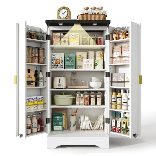 Buffet De Cuisine Avec Éclairage LED-deux Portes Avec Étagères Réglables-blanc