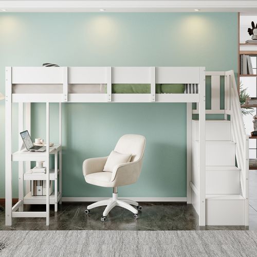 Lit Mezzanine 90x200cm-avec Espace De Rangement-en Pin Massif-blanc