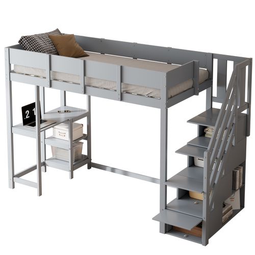 Lit Mezzanine 90x200 Cm - Espace De Rangement-en Pin Massif - Gris