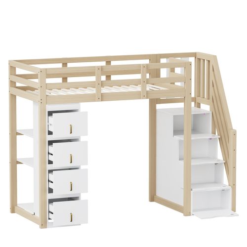 Lit Mezzanine 90x200cm-avec Tiroirs De Rangement-échelle Sécurisée-en Bois Massif-bois