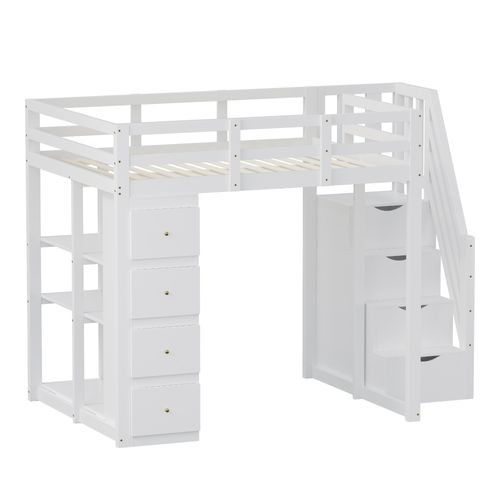 Lit Mezzanine 140x200cm-avec Tiroirs De Rangement-échelle Sécurisée-en Bois Massif-blanc