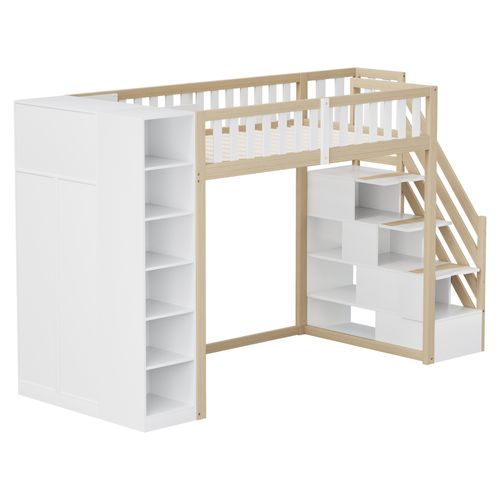 Lit Mezzanine 90x200cm-grande Penderie Et Échelle - Bois Et Blanc