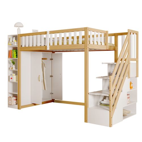 Lit Mezzanine 90x200cm-grande Penderie Et Échelle - Bois Et Blanc