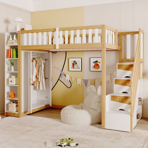 Lit Mezzanine 90x200cm-grande Penderie Et Échelle - Bois Et Blanc