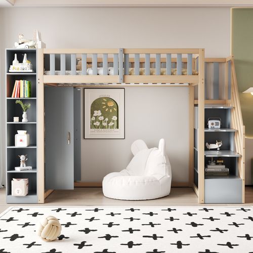 Lit Mezzanine 90x200cm-grande Penderie Et Échelle-Bois