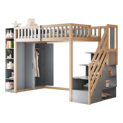 Lit Mezzanine 90x200cm-grande Penderie Et Échelle-Bois
