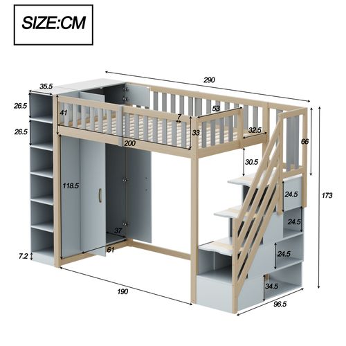 Lit Mezzanine 90x200cm-grande Penderie Et Échelle-Bois
