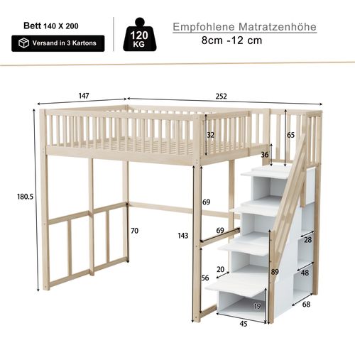 Lit Mezzanine 140x200cm-avec Échelle De Rangement-Bois