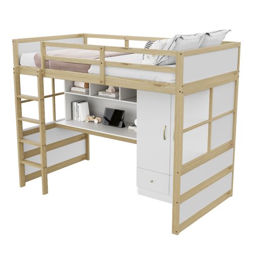 Lit Mezzanine 90x200 Cm - Avec Bureau Avec Rangement - Bois