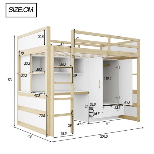 Lit Mezzanine 90x200 Cm - Avec Bureau Avec Rangement - Bois