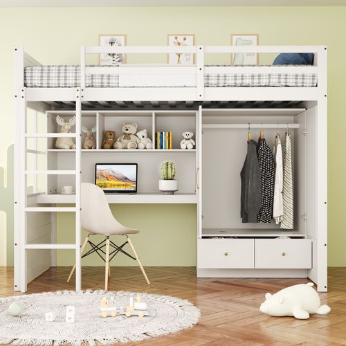 Lit Mezzanine 90x200cm-avec Bureau Avec Rangement, blanc