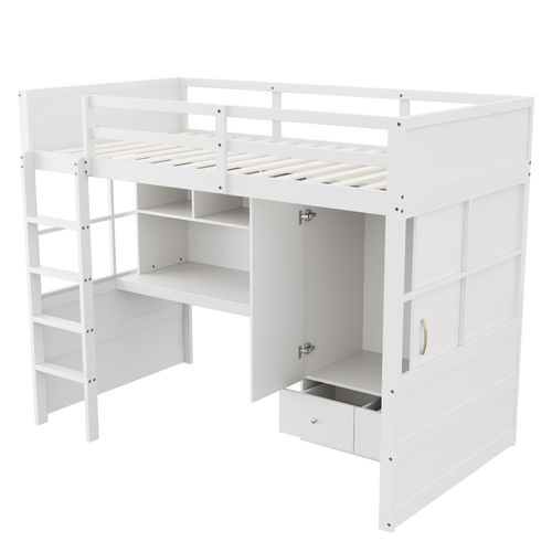 Lit Mezzanine 90x200cm-avec Bureau Avec Rangement, blanc