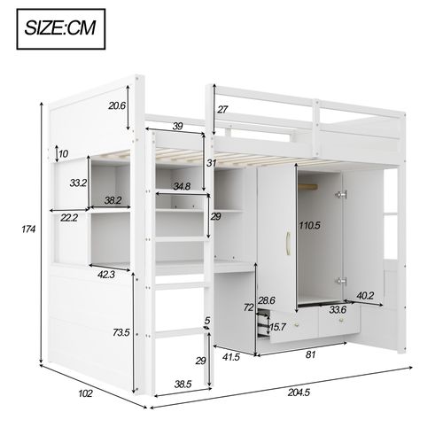 Lit Mezzanine 90x200cm-avec Bureau Avec Rangement, blanc
