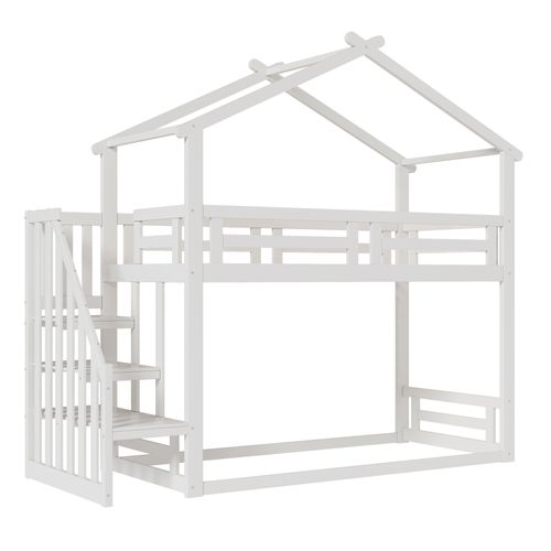 Lit Mezzanine 90x200 Cm - Avec Escalier De Sécurité-en Bois Massif -blanc