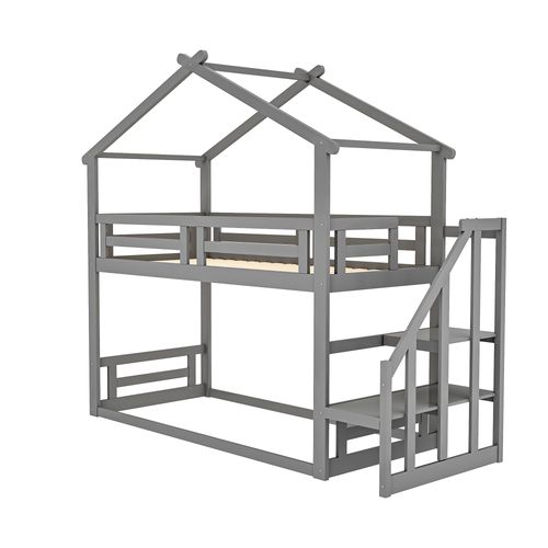 Lit Mezzanine 90x200 Cm - Escalier De Sécurité - En Bois Massif - Gris