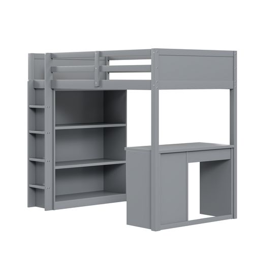 Lit Mezzanine 90x200cm Avec Rangement Et Bureau D'ordinateur-lit Enfant-adolescents Et Adultes-gris