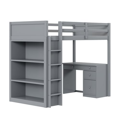 Lit Mezzanine 90x200cm Avec Rangement Et Bureau D'ordinateur-lit Enfant-adolescents Et Adultes-gris