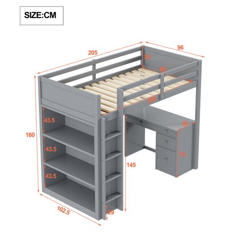 Lit Mezzanine 90x200cm Avec Rangement Et Bureau D'ordinateur-lit Enfant-adolescents Et Adultes-gris