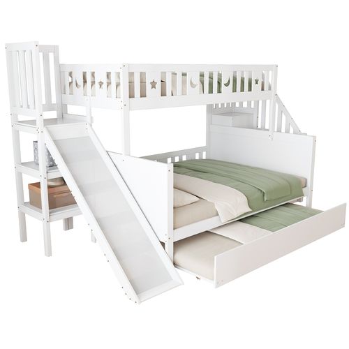Lit Superposé 90*200/140*200 Cm-lit Enfant En Bois Massif Avec Toboggan-lit Gigogne-blanc