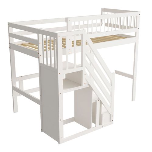 Lit Mezzanine 90*200cm-escalier Avec Meuble De Rangement-lit Enfant, Lit Adolescent-blanc