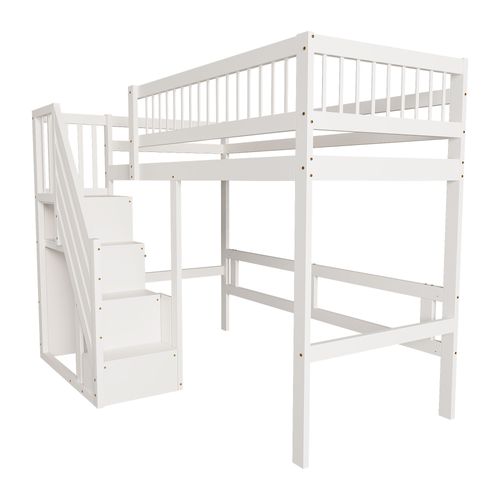 Lit Mezzanine 90*200cm-escalier Avec Meuble De Rangement-lit Enfant, Lit Adolescent-blanc