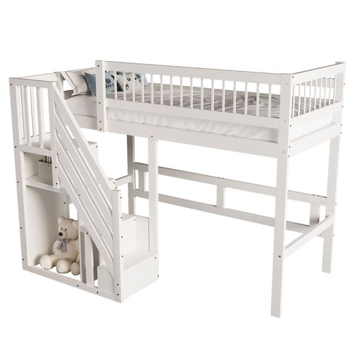 Lit Mezzanine 90*200cm-escalier Avec Meuble De Rangement-lit Enfant, Lit Adolescent-blanc